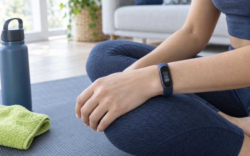 Symbolbild: schlanker Fitnesstracker am Handgelenk nach dem Training