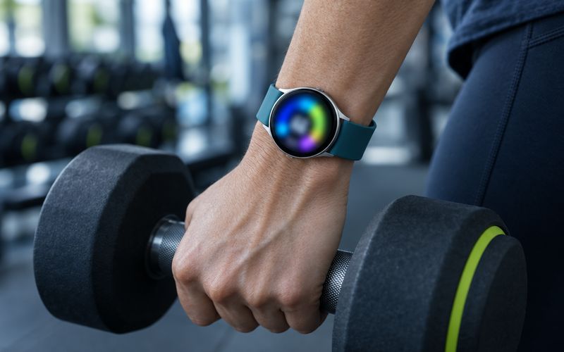 Symbolbild: Smartwatch mit AMOLED-Display im Fitnessstudio