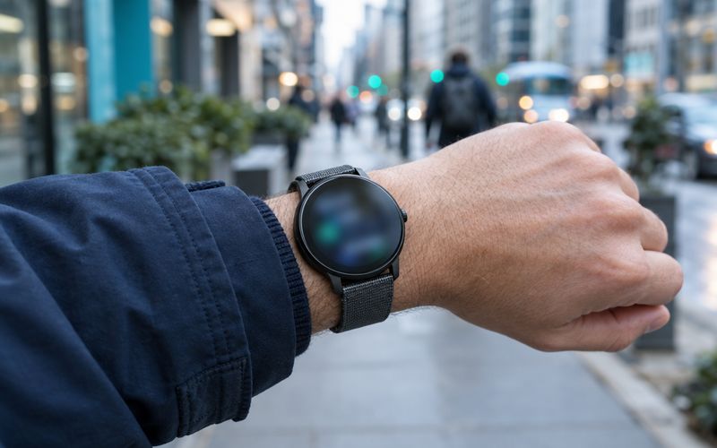 Symbolbild: runde Smartwatch beim Blick aufs Handgelenk