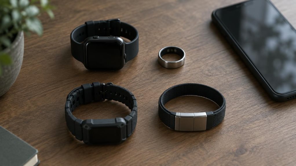 A flat-lay photograph on a matte wooden desk showing four wearable fitness trackers arranged in a grid—a black smartwatch, a slim metallic ring, a rugged wristband, and a sleek clasp band. Soft natural window light casts gentle shadows, highlighting texture on straps and metal finishes. A blurred smartphone with a dimmed screen rests nearby. Shallow depth of field, muted color palette, shot with a high-end mirrorless camera, no visible text.