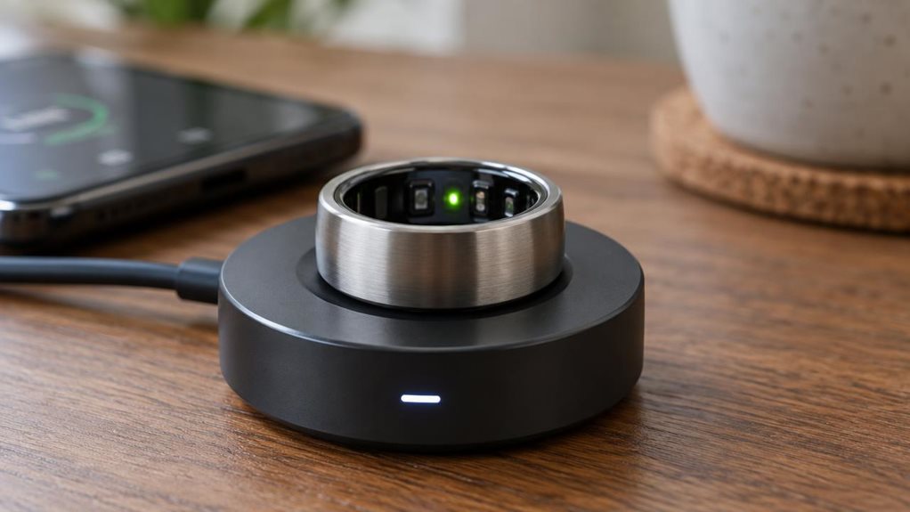 A close-up macro photograph of a sleek titanium smart ring resting on a charging dock, soft studio lighting reflecting off its brushed metal surface. Shallow depth of field blurs a background of a wooden desk with a smartphone and coffee cup. Subtle LED glow indicates charge status. Captured with a high-end mirrorless camera, 100mm macro lens, f/2.8, natural window light.