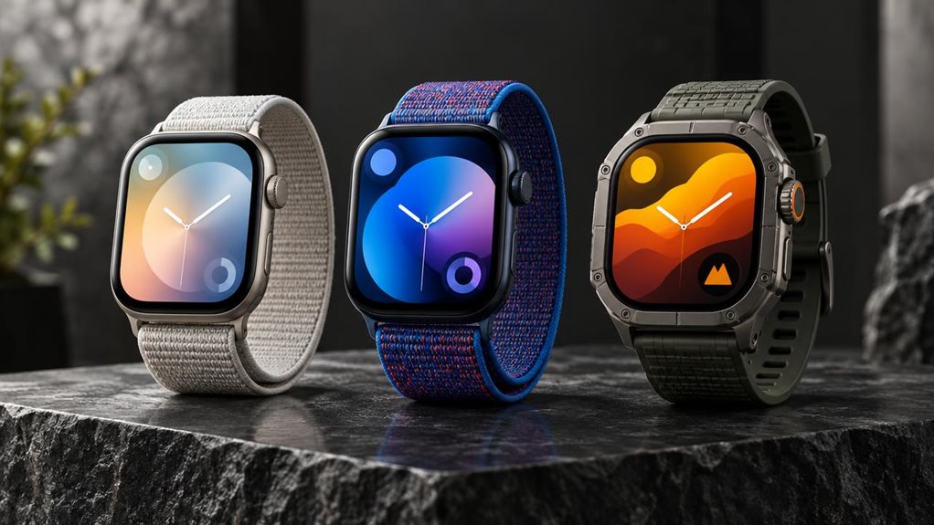 A high-end editorial photograph of three next-generation smartwatches arranged on a dark stone display plinth: one with a slim brushed-titanium case and pale woven band, one in polished midnight aluminum with a vivid sport loop, and one rugged model with a reinforced bezel and textured trail strap. Their edge-to-edge screens glow with distinct abstract color gradients and simple geometric complications, without letters or numbers. Crisp studio lighting, realistic reflections,