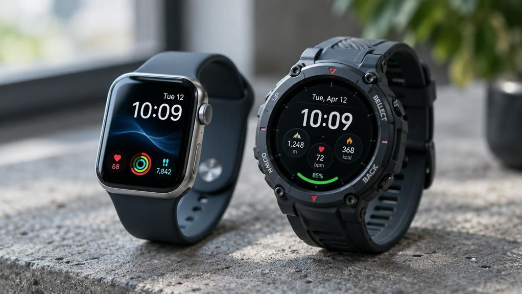 A close-up product photograph showing two smartwatches side by side on a textured concrete surface, one with a sleek square face and modern band, the other with a round face and rugged sport strap. Soft natural window light casts subtle shadows, highlighting metallic edges and screen reflections. Shallow depth of field blurs the background, shot with a high-end DSLR, 100mm macro lens, f/2.8.