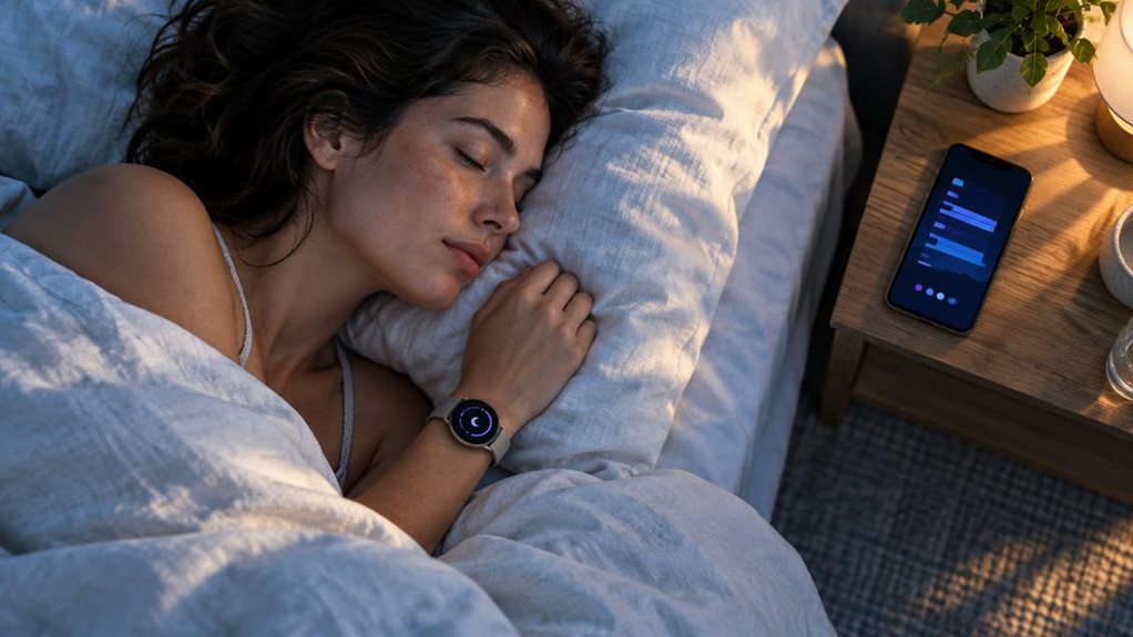 A high-end editorial photograph of a woman resting peacefully in a softly lit bedroom at dawn, viewed from above. A discreet smartwatch on her wrist glows with subtle, abstract sleep-tracking graphics—no readable text—while a phone on the bedside table displays a simple, wordless sleep-stage visualization. Cool blue shadows blend with warm sunrise light; crisp linen, natural skin texture, and shallow depth of field create a calm, realistic atmosphere. No text or lettering any