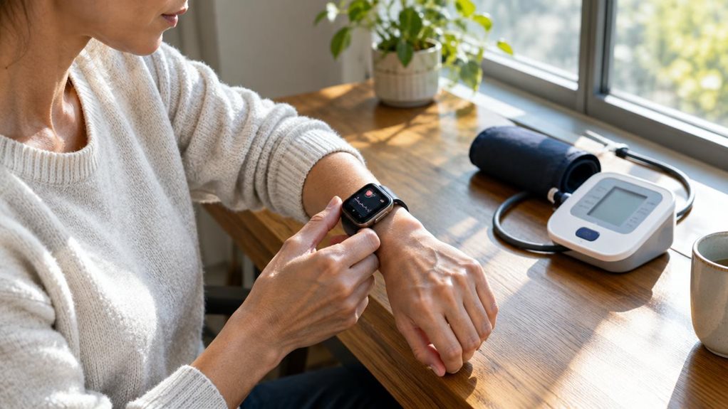 A high-end editorial photograph of an adult seated beside a sunlit window, fastening a sleek smartwatch snugly around their bare wrist while checking its screen. A traditional blood pressure cuff and monitor rest nearby on a wooden table, suggesting comparison between wearable convenience and clinical measurement. Crisp natural light reveals realistic skin texture, precise watch details, and subtle reflections; shallow depth of field, balanced composition, lifelike color. No