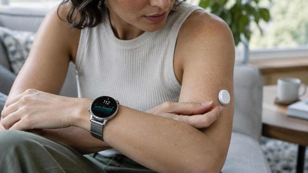 A high-end editorial photograph of a person checking a sleek smartwatch while a discreet continuous glucose monitor sits on their upper arm. The watch displays a simple, text-free glucose trend graph with a clear numeric reading; their other hand gently adjusts the sensor. Soft natural window light reveals realistic skin texture, brushed metal, and fine fabric details. Shallow depth of field, crisp focus on the watch and sensor, candid modern home setting, no visible text or