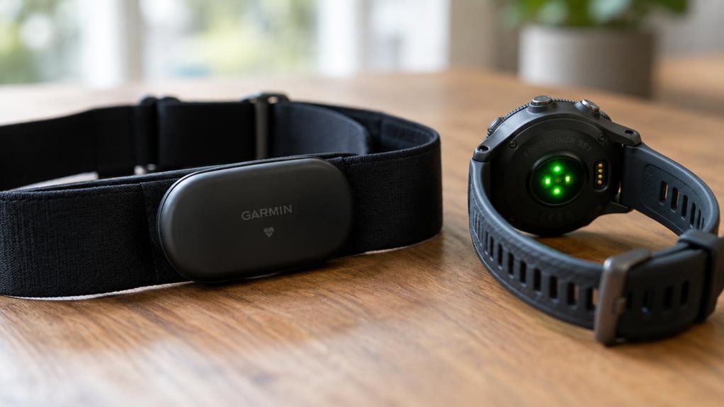 A close-up photograph capturing two heart rate monitoring devices side by side: a black elastic chest strap with a sensor pod resting on a wooden surface, and a modern sports watch with a wrist band displaying a glowing green optical sensor underneath. Soft natural window light highlights the textures of silicone and fabric. Shallow depth of field, shot on a full-frame camera, 85mm lens, f/1.8.