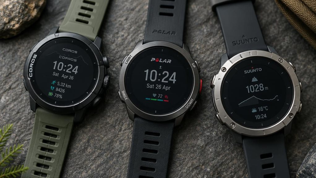A high-resolution overhead shot of three distinct sports watches—Coros, Polar, and Suunto models—arranged on a textured slate surface. Natural window light casts soft shadows, highlighting brushed metal bezels, rugged silicone bands, and matte display screens. Shallow depth of field emphasizes button details and subtle logo embossing. Shot with a full-frame DSLR, 100mm macro lens, f/2.8, crisp clarity, muted earth-tone background.