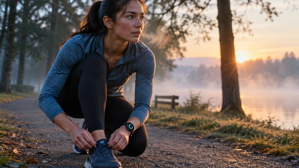 A high-end sports photograph of a first-time runner preparing for a 10K at dawn, tightening their laces beside a quiet park trail. A smartwatch on their wrist displays a simple, text-free workout interface with a glowing progress ring. Cool morning mist hangs among the trees; warm sunrise light catches their focused expression and breath. Crisp skin and fabric detail, natural colors, shallow depth of field, cinematic composition. No visible text or lettering.