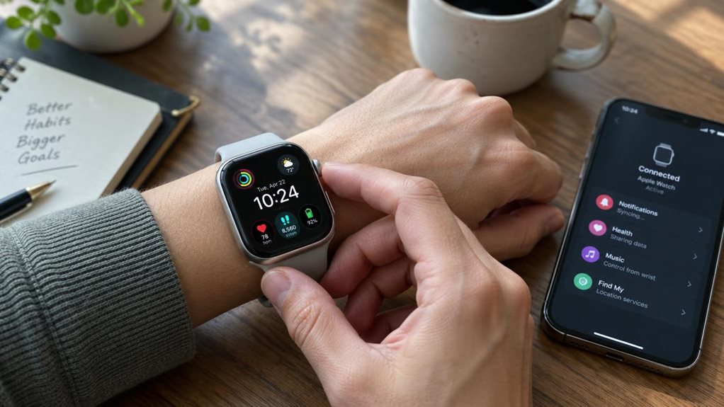 A close-up overhead shot of hands adjusting a sleek smartwatch on a wooden desk, its display glowing softly with colorful interface icons. Natural window light highlights the metallic watch casing and silicone band texture. A smartphone rests nearby, screen faintly lit, connected via unseen bluetooth. Shallow depth of field blurs a coffee cup and notebook in the background, emphasizing crisp focus on the watch face.
