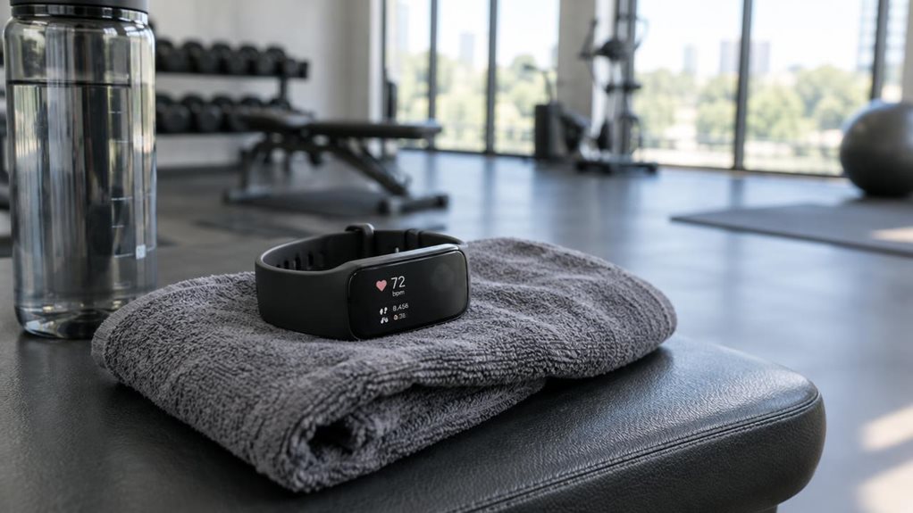 A photograph of a single unbranded cardio tracker resting naturally on a folded workout towel beside a water bottle on a gym bench. Its slim, matte-black band curves gently around a crisp rectangular display, which shows a simple heart-rate reading and understated activity icons. A few subtle signs of use—a faint fingerprint on the screen and a slight crease in the towel—make the scene feel candid and lived-in, as if captured between workouts rather than staged mid-action. In