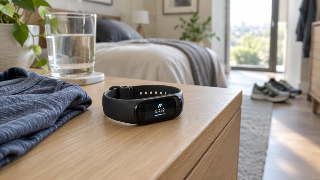 A photograph of a single sleek fitness tracker resting naturally on a light oak bedside table beside a folded workout shirt and a glass of water. Its slim charcoal band curves around the softly lit display, which shows a simple, unbranded activity readout. In the background, a modern bedroom opens toward a bright window, with a pair of running shoes near the doorway and muted greenery adding a lived-in feel. The scene is candid and observational, as if captured between workou