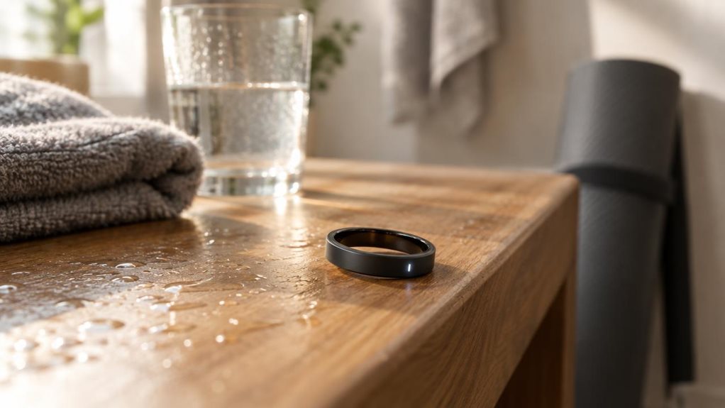 A photograph of a sleek titanium fitness ring resting on the edge of a wooden bathroom counter, captured in a horizontal 16:9 frame. Morning light spills in from an unseen window, casting a warm glow across the matte-black surface of the ring and highlighting subtle brushed metal accents. In the softly blurred background, a folded gray towel, a half-full glass of water, and the corner of a yoga mat leaning against the wall suggest the quiet moments after a workout. The counte