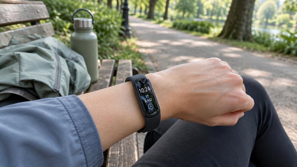 A photograph of a single sleek fitness tracker resting naturally on the wrist of a person seated on a park bench after a walk, its clear display showing simple step and time indicators with no visible branding. A folded light jacket and a reusable water bottle sit beside them, while a tree-lined walking path and soft greenery recede into the background. The tracker is the crisp focal point, with realistic screen reflections, a comfortable textured band, and subtle signs of ev