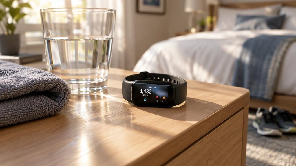 A photograph of a sleek, unbranded fitness tracker resting naturally beside a half-full glass of water and a folded workout towel on a sunlit bedroom dresser. Its slim matte-black band curves gently around a compact rectangular screen, which displays a clear step count and subtle activity icons. The tracker is the hero of the scene, captured at eye level with realistic materials, fine reflections on the glass, and small details visible on the display. In the softly blurred ba