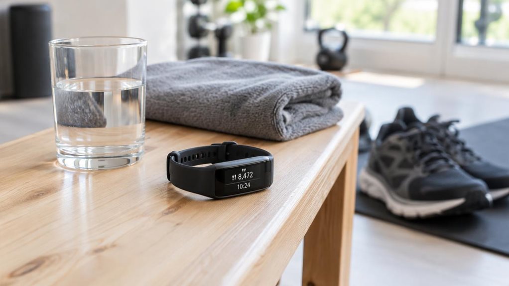 A photograph of a single unbranded fitness tracker resting naturally beside a half-full glass of water and a folded workout towel on a light wooden bench in a bright, modern home gym. The slim black wristband and compact rectangular display are clearly visible, showing a simple step count and time with no logos or brand markings. A pair of trainers sits slightly out of focus nearby, suggesting an everyday exercise routine without showing anyone mid-action. The scene is horizo