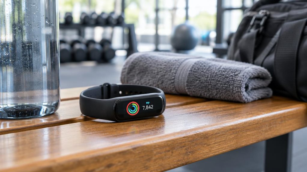 A photograph of a single affordable fitness tracker resting naturally beside a water bottle and folded towel on a wooden bench at a bright, modern gym. The slim black tracker has a realistic matte silicone band, a small color display showing simple activity rings and a step count, and subtle reflections across its glass face. A person’s gym bag sits nearby, softly out of focus, suggesting an everyday workout routine without showing anyone mid-action. The tracker is the clear 