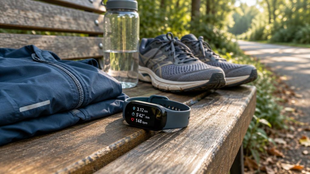 A photograph of a single unbranded running tracker resting beside a neatly folded running jacket on a wooden bench at the edge of a quiet park path. The tracker’s sleek, dark screen shows a simple, realistic summary of distance, pace, and heart rate, with a soft silicone band loosely curved beside it. A half-full water bottle and a pair of lightly worn running shoes sit nearby, suggesting a recent pause without showing anyone mid-action. The horizontally composed 16:9 landsca