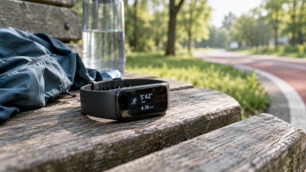 A photograph of a single unbranded running tracker resting on a weathered wooden bench beside a quiet park path, its sleek dark display showing a simple pace and distance readout. A lightweight running jacket and a half-full water bottle sit nearby, suggesting a runner has just paused between laps without making the scene feel staged. The tracker is the clear hero, rendered with realistic glass reflections, a matte strap, and subtle signs of everyday use. In the softly blurre