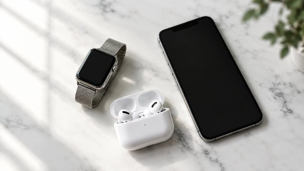 A sleek flat lay on a white marble surface: an Apple Watch, AirPods Pro in their open case, and a smartphone displaying a blank screen, arranged with soft natural light streaming from the left. Shallow depth of field highlights the metallic watch band texture and glossy earbud surfaces, while muted shadows add subtle depth. Shot with a high-end DSLR, crisp detail, minimalist composition, no text visible.