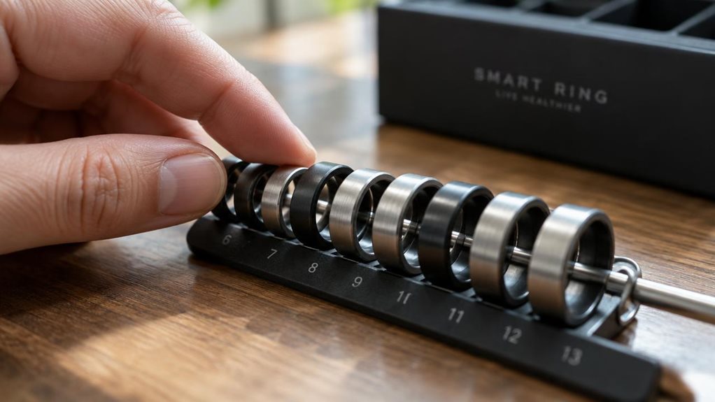 A close-up macro photograph of a hand with a sizing gauge of metal rings in graduated sizes resting on a wooden table, soft natural window light casting gentle shadows, shallow depth of field emphasizing the fingertip and ring textures, brushed titanium and matte black finishes visible, blurred smart ring box in background, shot on a high-end DSLR with a sharp 100mm macro lens.