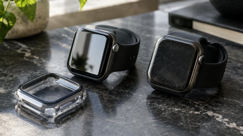 A high-end editorial photograph of a smartwatch resting on a dark stone tabletop, its glossy screen protector catching a crisp reflection while a slim protective case sits beside it. A second watch, uncovered and unprotected, shows subtle everyday scuffs for contrast. Soft window light, precise macro detail, natural shadows, and a shallow depth of field create a polished yet realistic product comparison. No text, logos, or visible words.