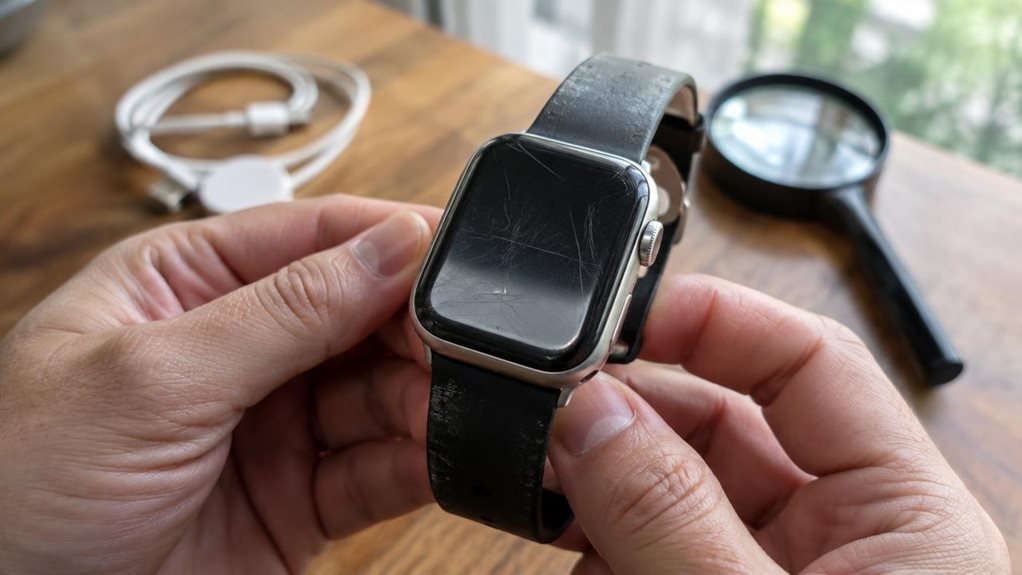 A close-up, high-resolution photograph of hands inspecting a used smartwatch, examining the scratched screen and worn strap under soft natural window light. Shallow depth of field highlights fingerprints and scuff marks on the metallic casing, with a blurred background of a wooden table holding a charging cable and magnifying glass. Captured with a high-end camera, showing crisp textures and realistic reflections.