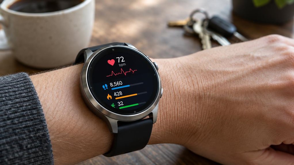 A close-up photograph of a wrist wearing a sleek smartwatch, its screen glowing softly with fitness metrics and a heart-rate icon, no phone visible nearby. Shallow depth of field blurs a coffee cup and keys in the background. Natural window light highlights brushed metal edges and skin texture. Shot with a high-end camera, crisp macro detail, warm neutral tones, no text visible.