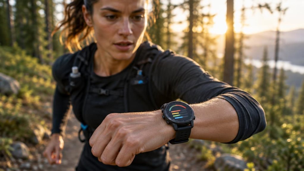 A high-end editorial photograph of a runner checking a GPS sports watch mid-stride on a forest trail at dawn. The watch face shows only abstract colored workout zones and simple progress bars, with no letters or numbers. Crisp focus on the wrist and textured watch, while the runner’s determined face and sunlit trees fall softly out of focus. Natural golden light, realistic skin and fabric detail, shallow depth of field, dynamic yet polished composition.