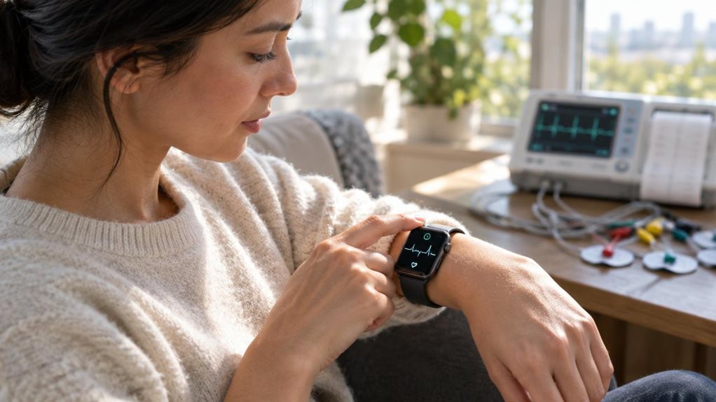 A high-end editorial photograph of a person seated beside a sunlit window, holding one fingertip to the crown of a modern smartwatch while its ECG sensor records a reading. The watch face shows only a clean, abstract waveform and simple status icons—no letters or numbers. A conventional medical ECG machine and chest electrodes sit softly out of focus nearby, suggesting the difference between a brief smartwatch check and clinical monitoring. Natural skin texture, precise refle