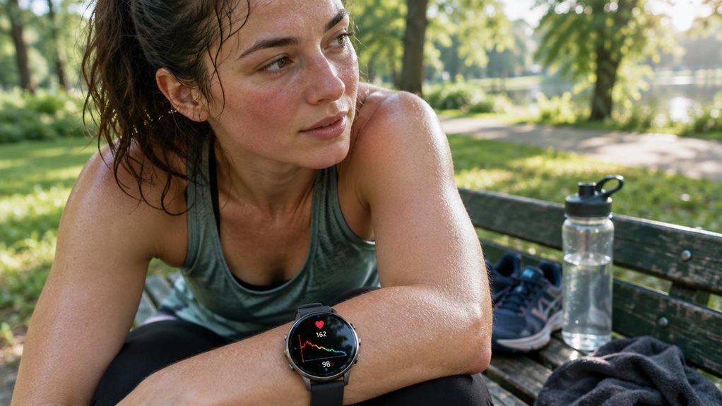 A high-end editorial photograph of a runner resting on a park bench just after a workout, flushed cheeks and damp hair catching soft morning light. In the foreground, their wristwatch displays a colorful heart-rate recovery graph with clear, wordless icons and numbers. A half-empty water bottle and running shoes sit nearby. Shallow depth of field, crisp skin and fabric detail, natural greens, realistic reflections on the watch glass, candid composition. No text or lettering.