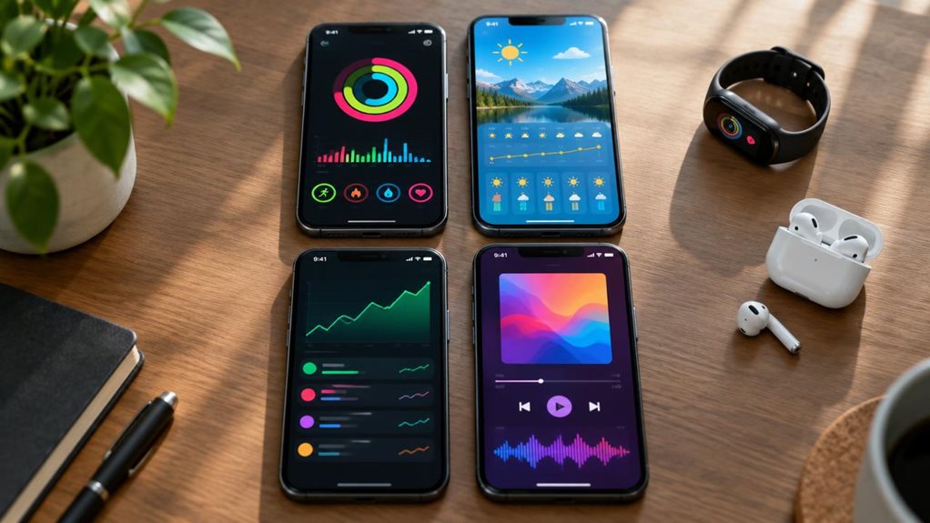 A high-end overhead photograph of four smartphones arranged in a neat grid on a matte wooden desk, each screen glowing with distinct colorful interface layouts and graphs, no legible text visible. Soft natural window light casts gentle shadows, highlighting screen reflections. A fitness tracker watch and wireless earbuds rest nearby, shallow depth of field emphasizing sharp screen details against a softly blurred background.