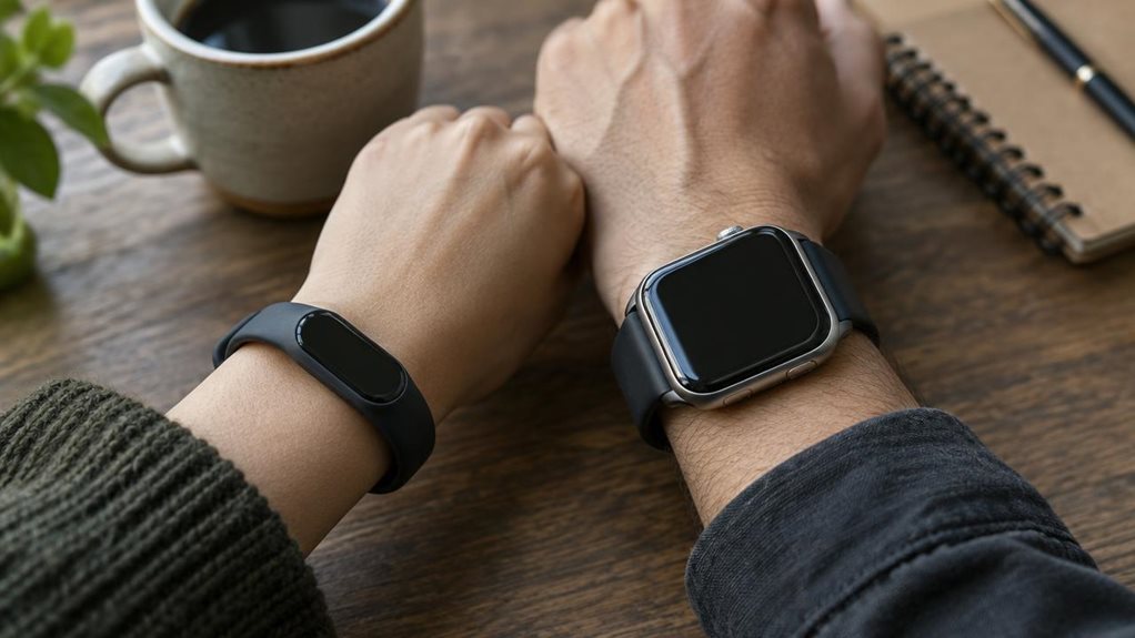 A close-up overhead shot of a wrist wearing a slim fitness band beside another wrist wearing a bulkier smartwatch, resting on a wooden desk. Soft natural window light highlights the contrasting textures—matte silicone versus glossy metal casing. Shallow depth of field blurs a coffee cup and notebook in the background. Shot with a high-end camera, crisp detail, muted earthy tones, no text visible.