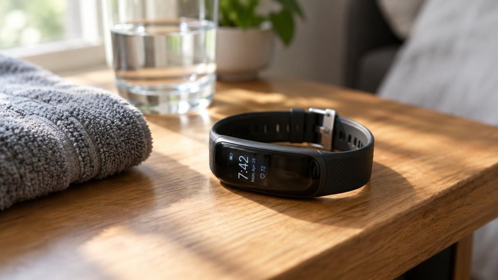 A close-up overhead shot of a minimalist fitness tracker resting on a wooden nightstand beside a folded workout towel and a glass of water. Soft morning light streams through a nearby window, casting gentle shadows. The tracker’s screen glows faintly, reflecting subtle ambient light. Shallow depth of field blurs the background, emphasizing the sleek band texture and metallic clasp. Shot on a high-end DSLR with a macro lens.