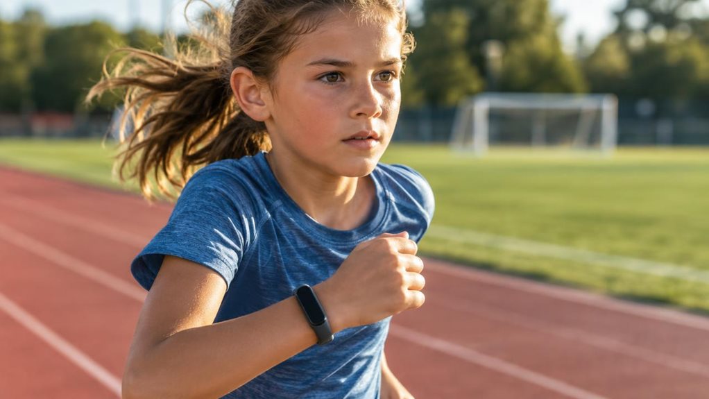 A candid photograph of a child around age 10 outdoors on a running track, sunlight catching a slim fitness band on their wrist. Shallow depth of field blurs a soccer field in the background. The child's expression shows focused determination mid-stride. Shot on a high-end DSLR with a wide aperture, natural warm afternoon light, vivid colors, crisp detail on the wristband and skin texture, no text visible anywhere.