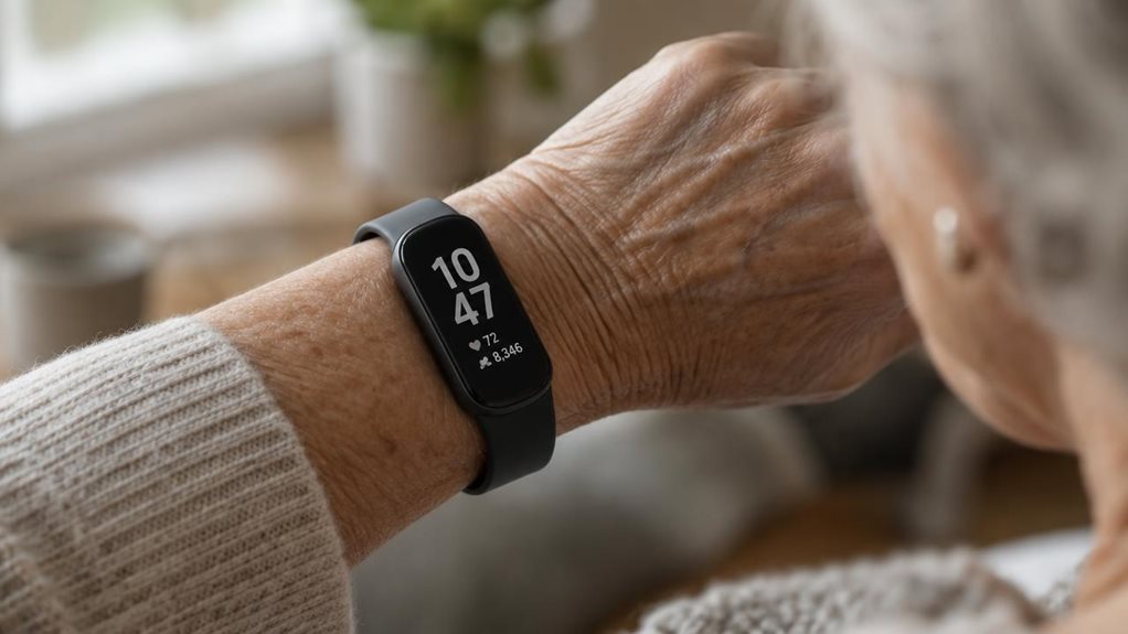 A close-up photograph of a senior's wrist wearing a simple fitness tracker with an oversized, high-contrast display. Soft natural window light highlights weathered skin texture and silver hair in the blurred background. Shallow depth of field, shot with a high-end DSLR, 85mm lens, f/1.8 aperture. Muted, warm tones evoke comfort and simplicity, emphasizing large numerals and an uncluttered, minimalist wristband design.