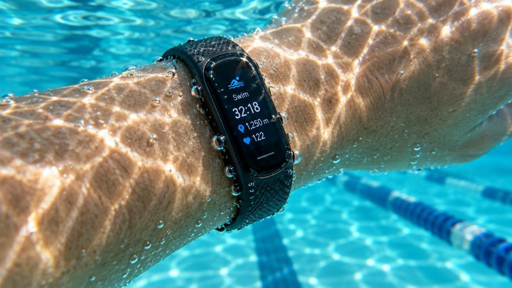 Overhead shot of a black waterproof fitness tracker on a swimmer's wrist, submerged in clear turquoise pool water. Sunlight ripples across the surface, casting dappled light patterns on the device's textured band and glossy display. Tiny bubbles cling to the silicone strap. Shot with shallow depth of field, emphasizing water droplets and light refraction, blurred lane markers visible below in the background.