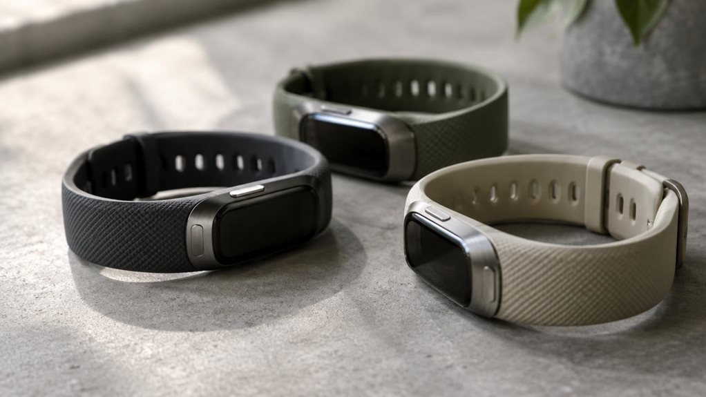 A close-up product photograph of several minimalist fitness trackers arranged on a matte concrete surface, soft natural window light casting subtle shadows. Bands in muted charcoal, olive, and sand tones, metal casings reflecting a gentle highlight. Shallow depth of field emphasizes textured silicone straps and brushed metal buttons, background softly blurred, shot with a high-end mirrorless camera and macro lens.