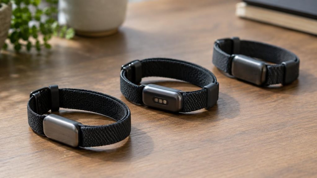 A high-resolution macro photograph on a matte wooden desk showing three screenless fitness trackers—slim black straps with subtle woven texture, small metallic sensor pods, soft rubberized clasps—arranged diagonally under soft window light. Shallow depth of field highlights fine surface details and gentle shadows, while the background blurs into warm neutral tones. Shot with a high-end camera, crisp focus, natural color grading, no text or logos visible.