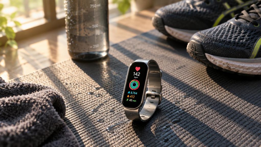 A close-up overhead shot of a wrist-worn fitness tracker with a glowing display of heart rate and activity rings, resting on a sweat-dampened running mat. Soft morning light streams through a nearby window, casting long shadows. Beside it, a pair of running shoes and a water bottle add context. Shallow depth of field emphasizes the tracker's sleek metallic band and vibrant screen glow.