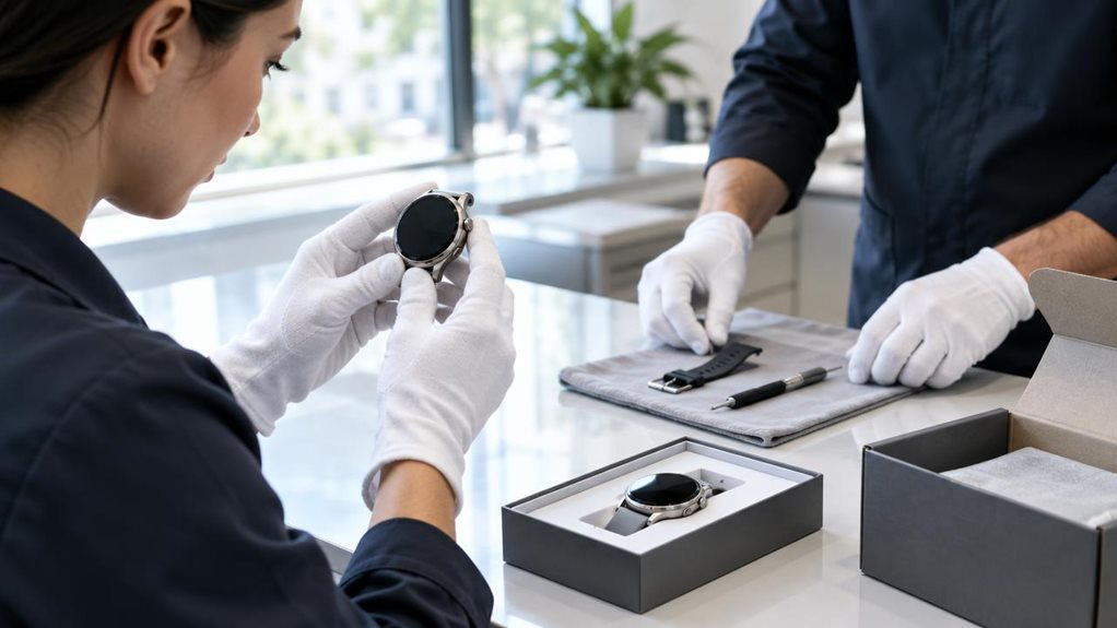A high-end editorial photograph of a smartwatch being carefully inspected at a bright, modern service counter. One technician in clean gloves examines the watch while another places its removed strap and a small repair tool on a soft cloth; a neatly packaged replacement watch and an open return box sit nearby. Natural window light, crisp metal and glass details, subtle reflections, shallow depth of field, calm professional atmosphere. No text, logos, or visible words.