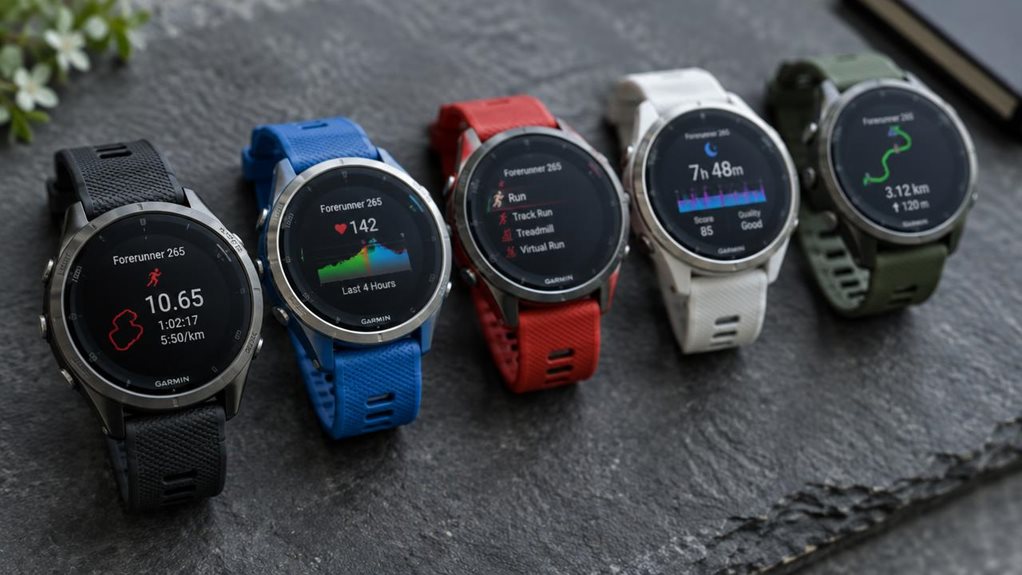 A high-resolution overhead shot of five Garmin Forerunner watches arranged in a neat row on a textured slate-gray surface, each showing different colored bands—black, blue, red, white, and green. Soft natural light highlights the metallic bezels and textured silicone straps, casting subtle shadows. Shallow depth of field emphasizes the closest watch, with the others softly blurred, evoking a clean, editorial tech-review aesthetic.