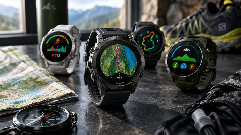 A high-end editorial photograph of several new Garmin-style GPS watches arranged on a dark slate tabletop, their vivid AMOLED screens glowing with colorful maps, workout metrics, and trail routes—icons and graphics only, no words. One rugged watch sits prominently in sharp focus, with others softly receding behind it. A folded topographic map, compass, and running gear add context. Dramatic natural window light, crisp metal and silicone textures, subtle reflections, shallow d