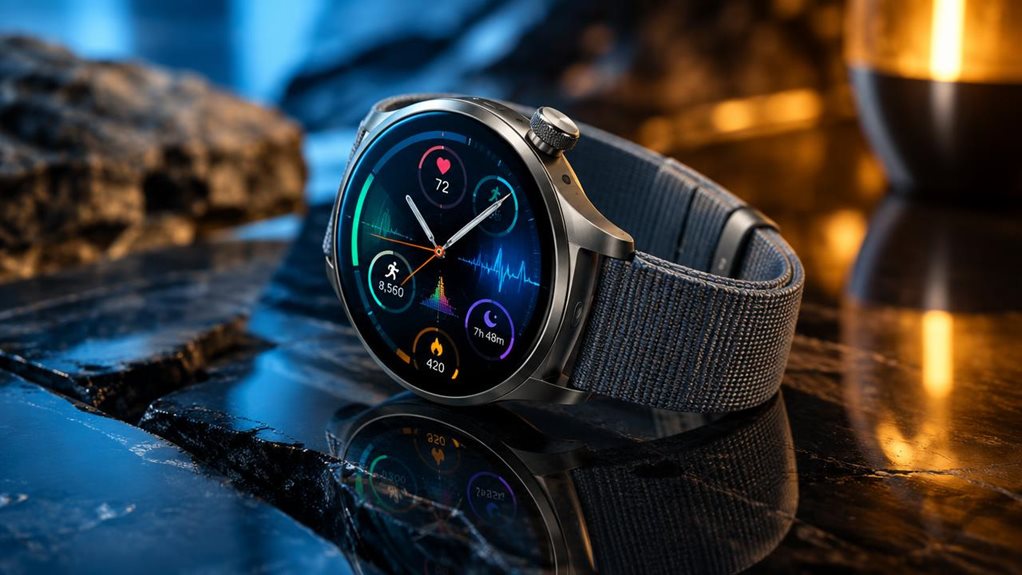A high-end editorial photograph of a sleek next-generation smartwatch resting on a polished obsidian surface, its circular edge-to-edge display glowing with vivid, intricate health and fitness graphics. A refined metallic case, slim tactile crown, and soft woven band catch dramatic studio light, revealing precise craftsmanship and subtle new sensor details. Cool blue highlights contrast with warm amber reflections; shallow depth of field, crisp product focus, realistic materi