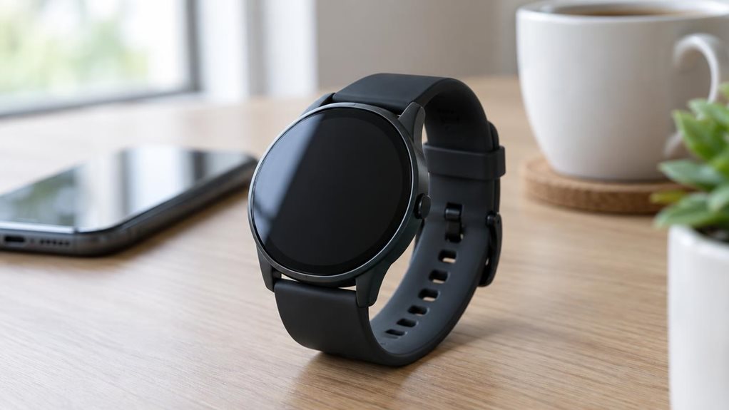 A close-up product photograph of a sleek budget smartwatch resting on a minimalist wooden desk, soft natural window light highlighting its matte black casing and silicone band. The circular display reflects subtle ambient light, showing a blank screen. Shallow depth of field blurs a smartphone and coffee cup in the background, emphasizing texture and craftsmanship. Shot with a high-end DSLR, shallow aperture, crisp detail.