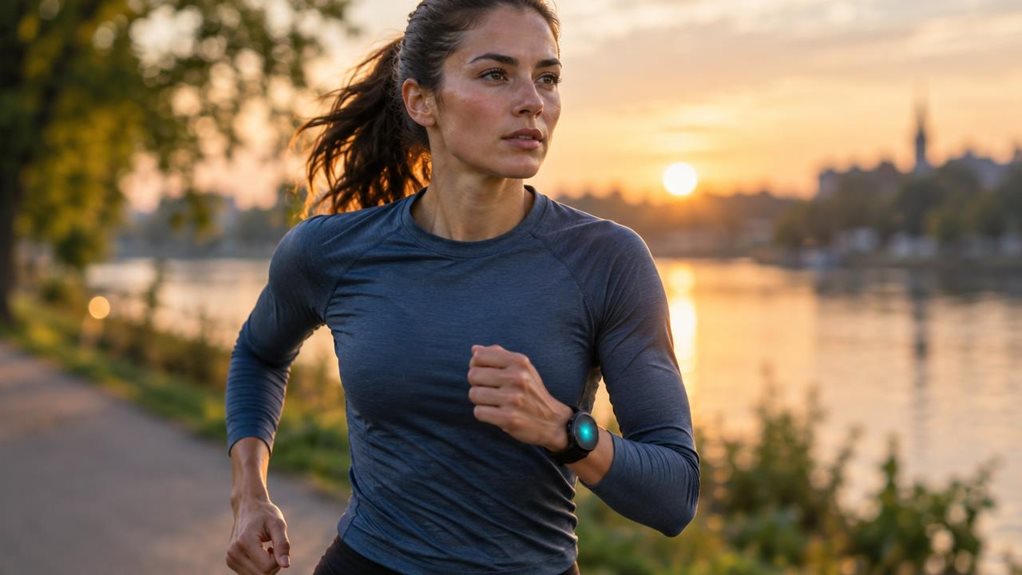A high-end sports photograph of a runner training on a riverside path at dawn, captured mid-stride with a focused expression and natural, athletic movement. A sleek sports watch is clearly visible on the runner’s wrist, its screen glowing faintly without readable text. Soft golden light catches the runner’s face and clothing, while the background trees and water blur into a cinematic bokeh. Crisp detail, realistic skin texture, shallow depth of field, no logos or lettering.