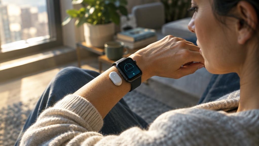 A high-end editorial photograph of a person seated beside a sunlit window, checking a sleek smartwatch while a small wearable temperature sensor rests against their wrist. Show natural skin texture, subtle device details, and a softly illuminated screen with abstract, unreadable indicators. Warm daylight contrasts with cool shadows; shallow depth of field keeps the wrist and sensor crisp against a gently blurred, modern home interior. No text, logos, or visible words.