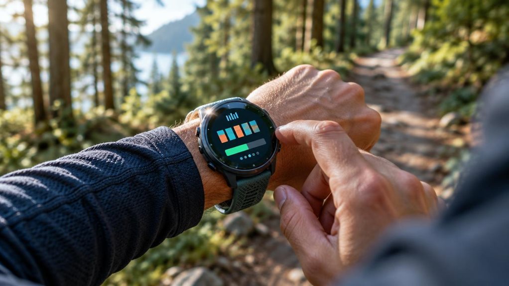 A high-end editorial photograph of a runner’s wrist as they program interval training on a sleek GPS running watch, captured mid-stride on a quiet forest trail. The watch’s bright, crisp interface shows abstract workout blocks and progress bars without legible letters or numbers. Natural morning light glints on the glass and textured silicone band; the runner’s hand, technical sleeve, and softly blurred trees create a dynamic, realistic composition with shallow depth of field