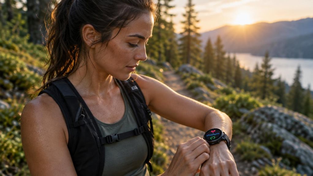 A high-end editorial photograph of a runner pausing on a forest trail at sunrise, checking a sleek smartwatch. Its subtle glowing interface shows abstract, text-free coaching visuals: a heart-rate pulse, pace curve, and recovery indicator. The runner’s focused expression and relaxed posture suggest personalized guidance. Crisp natural skin texture, realistic watch reflections, soft golden backlight, shallow depth of field, and richly detailed surroundings create a polished, a