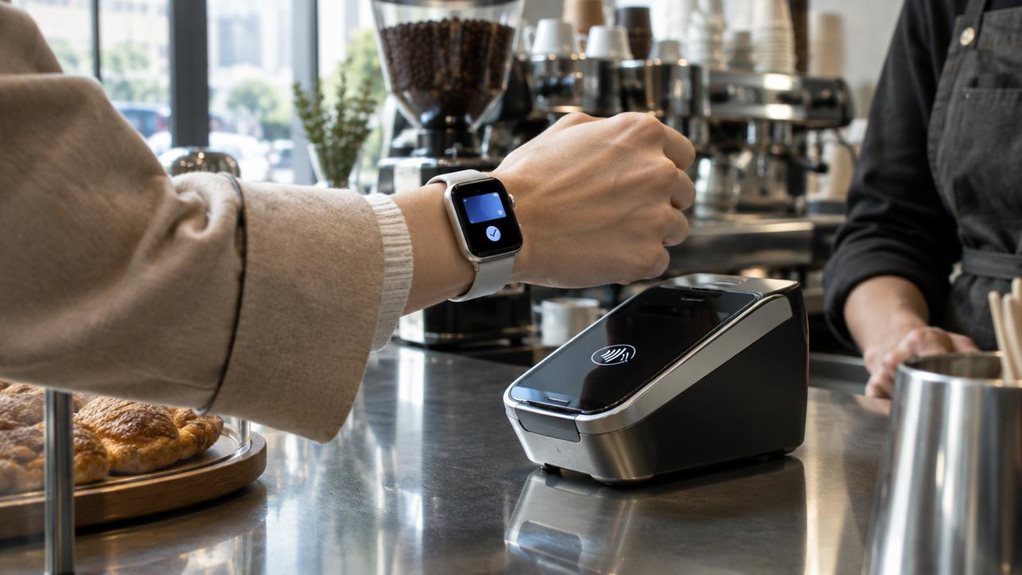 A high-end editorial photograph of a person paying at a sleek café counter, holding their wrist close to a modern contactless card terminal. Their smartwatch screen glows with a subtle payment interface, showing only abstract shapes and a small checkmark—no letters or numbers. Capture the moment in crisp detail, with natural window light, realistic skin texture, softly blurred coffee equipment in the background, and polished metal reflections. No visible logos, readable text,